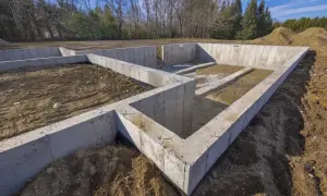 Betonowy fundament domu w budowie, otoczony ziemią i drzewami. Solidna podstawa dla przyszłego domu.