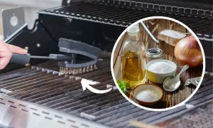 Czyszczenie grilla to podstawa udanego sezonu grillowego. Na zdjęciu widać szczotkę do czyszczenia rusztu, a w okręgu składniki do domowego środka czyszczącego: olej, sól i cebulę.