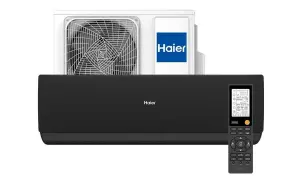 Klimatyzator Haier, znana firma, z jednostką zewnętrzną i wewnętrzną, pilotem.