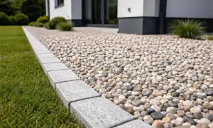 Kamienna opaska wokół domu oddziela trawnik od żwirowej ścieżki.