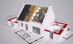 Model domu na planach architektonicznych, z widocznym przekrojem dachu ukazującym ocieplenie nakrokwiowe.