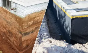 Przed i po: ściana fundamentowa przed nałożeniem szlamu hydroizolacyjnego i po jego aplikacji, chroniąca przed wilgocią.