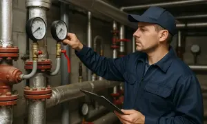 Technik sprawdza manometry w kotłowni. Dba o prawidłowe działanie ogrzewania w okresie grzewczym.