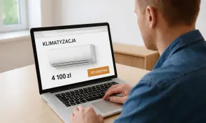 Sprawdzam, ile kosztuje klimatyzacja. Na ekranie laptopa widzę cenę 4100 zł i przycisk "Do koszyka".