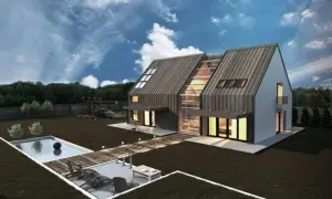 Nowoczesny dom pasywny z basenem i tarasem, otoczony zielenią. Duże okna i metalowy dach nadają mu unikalny charakter.