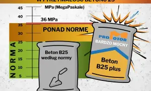 Wykres porównuje wytrzymałość betonu B25. Beton B25 plus jest ponad normę, idealny jaki beton na fundament.