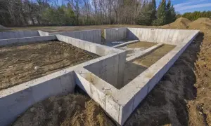 Fundament betonowy domu, gotowy na zimę. Strefa przemarzania gruntu została uwzględniona przy jego budowie.