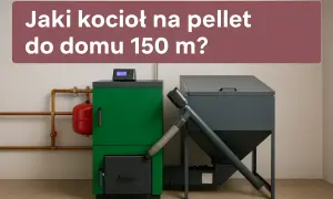 Jaki piec na pellet do domu 150m2? Zielony kocioł z zasobnikiem i panelem sterowania, obok szary zbiornik na pellet.