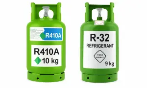 Dwie zielone butle z gazem: jedna z R410A (10 kg), druga z R-32 REFRIGERANT (9 kg). Oba to popularne czynniki chłodnicze.