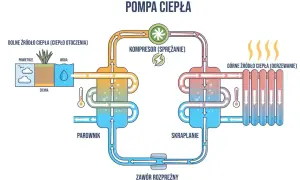 Schemat przedstawia działanie pompy ciepła, pokazując różne rodzaje dolnych źródeł ciepła (powietrze, woda, ziemia) i proces ogrzewania.