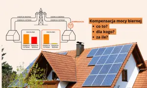 Schemat pokazuje, jak unikać kar za energię bierną. Panele słoneczne na dachu sugerują oszczędności.