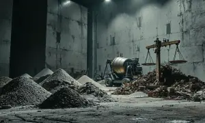 Betoniarka, waga szalkowa i hałdy materiałów budowlanych w industrialnym wnętrzu.