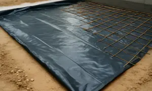 Warstwa folii budowlanej jako hydroizolacja chudziaka, na której ułożono siatkę zbrojeniową.