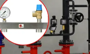 Grupa bezpieczeństwa co. z manometrem i zaworem bezpieczeństwa, część instalacji grzewczej.