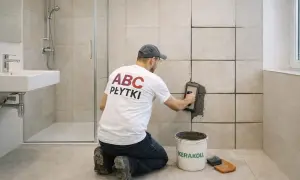 Fachowiec nakłada fugę na płytki w łazience.