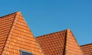 Pomarańczowy dach wielospadowy z dachówki ceramicznej pod błękitnym niebem. Widoczny fragment okna dachowego.