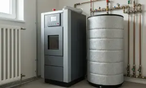 Nowoczesny bufor do pieca na pellet, obok zasobnika wody, z rurami miedzianymi i grzejnikiem.