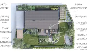Projekt ogrodu z tarasami, placem zabaw i panelem fotowoltaicznym. Pomysł, jak zagospodarować ogród wokół domu.