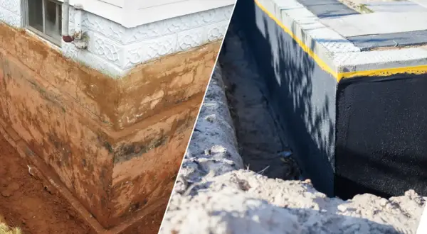 Przed i po: ściana fundamentowa przed nałożeniem szlamu hydroizolacyjnego i po jego aplikacji, chroniąca przed wilgocią.