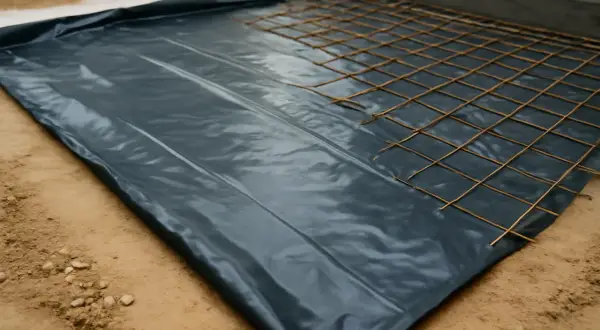 Warstwa folii budowlanej jako hydroizolacja chudziaka, na której ułożono siatkę zbrojeniową.