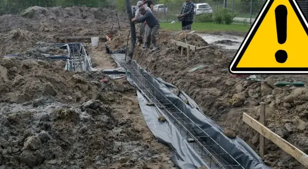 Budowa trwa, pracownicy wylewają beton na zbrojenie, tworząc ławy fundamentowe.
