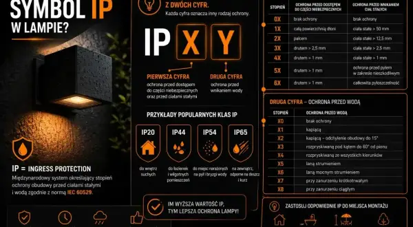 IP44 co oznacza? To klasa ochrony lampy przed ciałami stałymi (4) i wodą (4), idealna do łazienek i wilgotnych pomieszczeń.