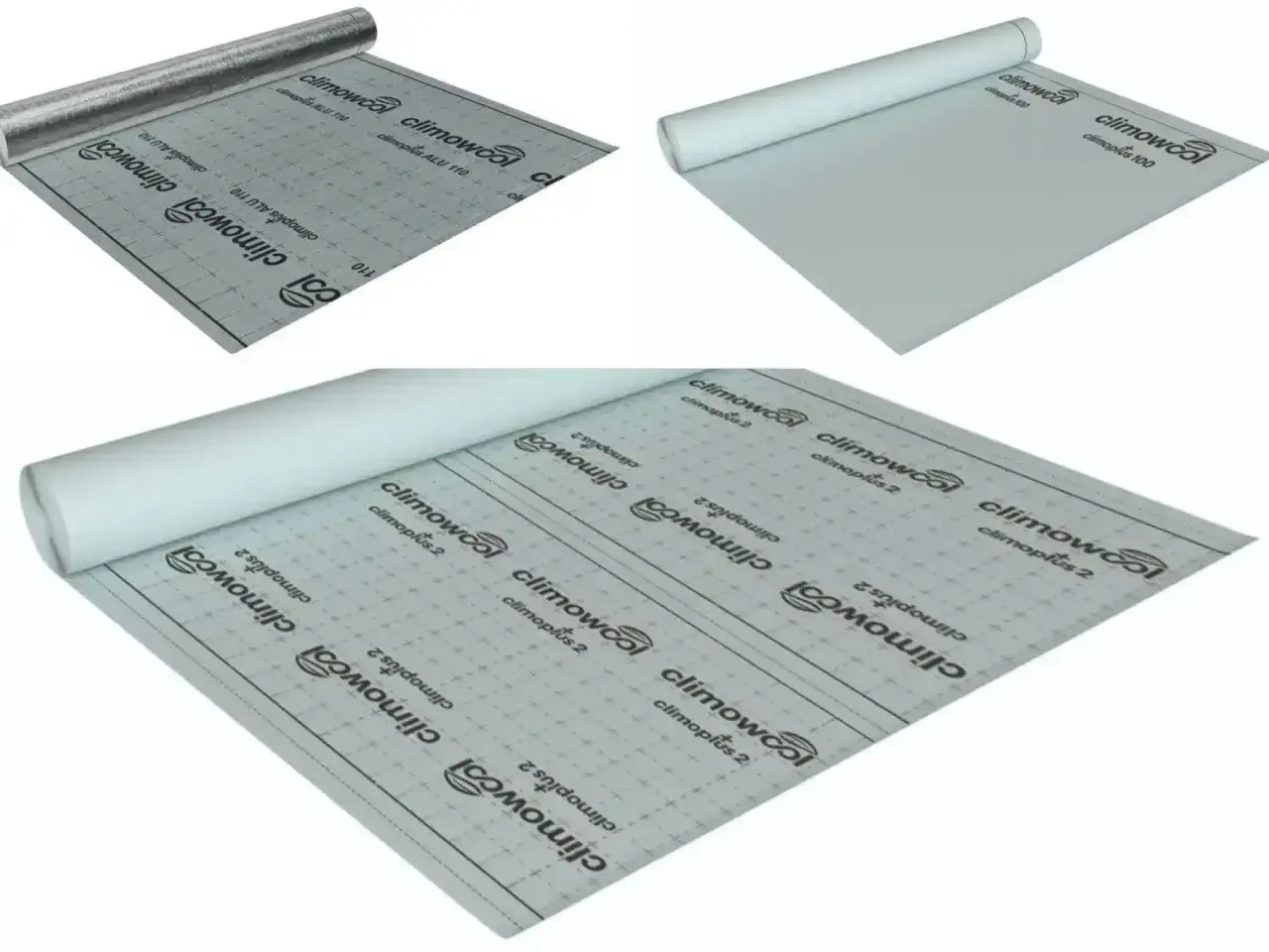 Materiały do ocieplenia stropu: rolki z membraną aluminiową i białą, z nadrukiem marki Climowool.