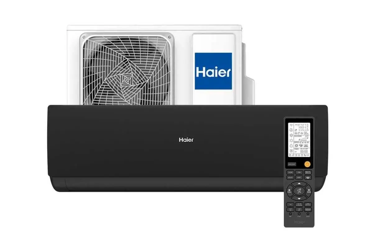 Klimatyzator Haier, znana firma, z jednostką zewnętrzną i wewnętrzną, pilotem.