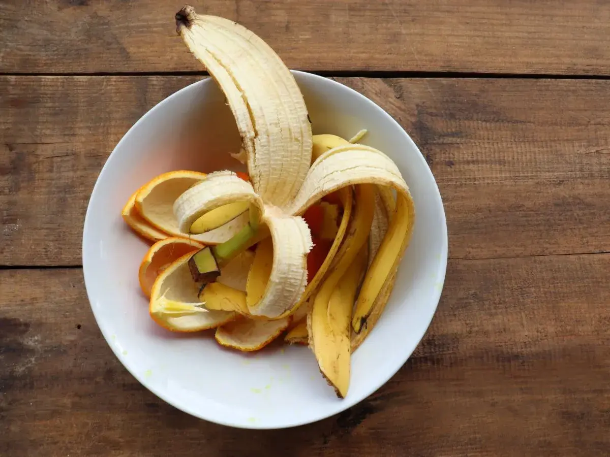 Skórki banana i pomarańczy w białej misce, gotowe na nawóz z banana.