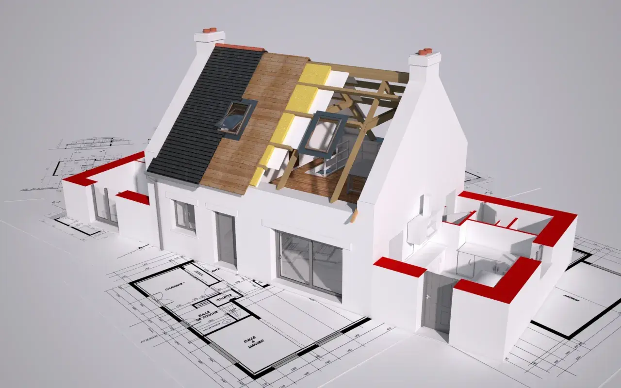 Model domu na planach architektonicznych, z widocznym przekrojem dachu ukazującym ocieplenie nakrokwiowe.