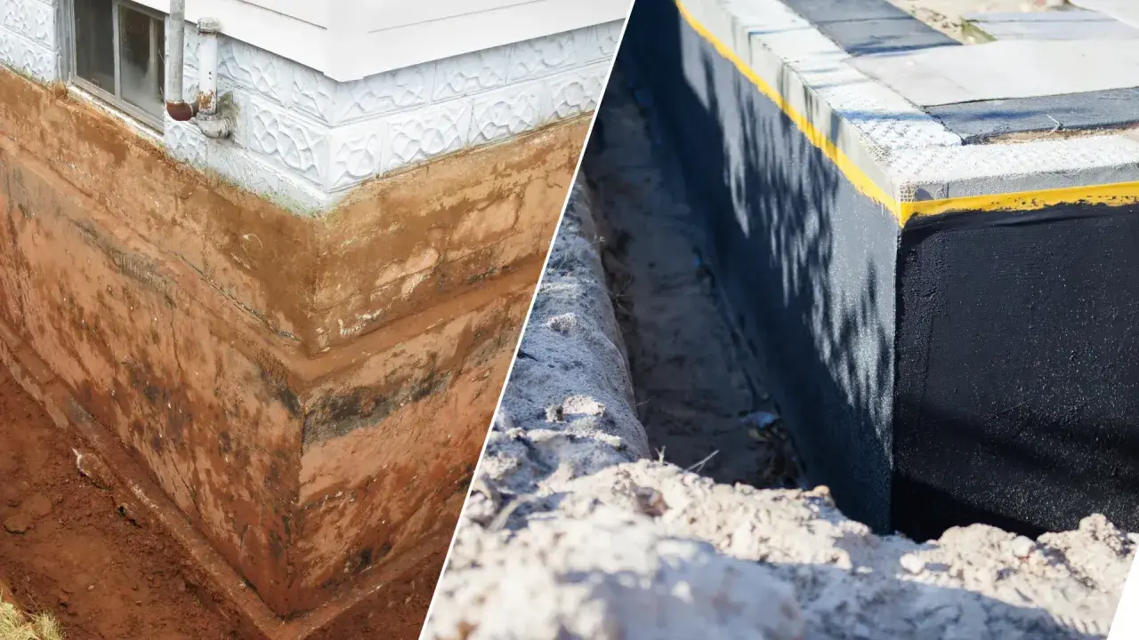 Przed i po: ściana fundamentowa przed nałożeniem szlamu hydroizolacyjnego i po jego aplikacji, chroniąca przed wilgocią.