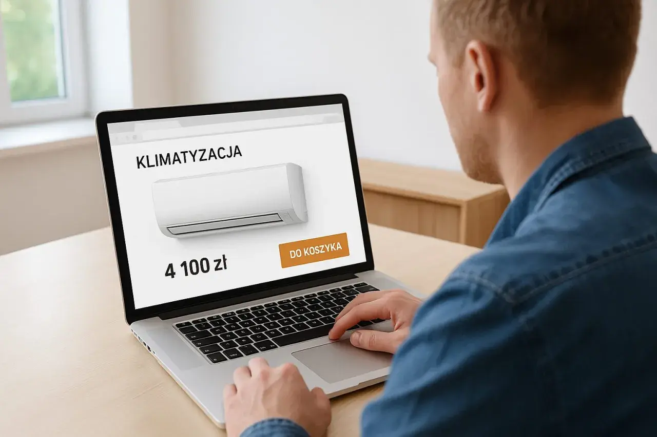 Sprawdzam, ile kosztuje klimatyzacja. Na ekranie laptopa widzę cenę 4100 zł i przycisk "Do koszyka".