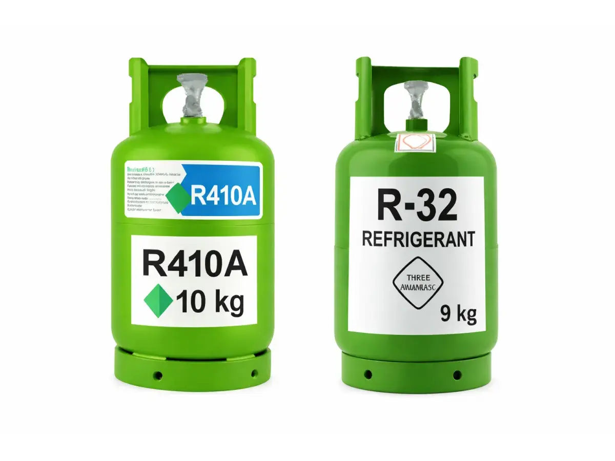 Dwie zielone butle z gazem: jedna z R410A (10 kg), druga z R-32 REFRIGERANT (9 kg). Oba to popularne czynniki chłodnicze.