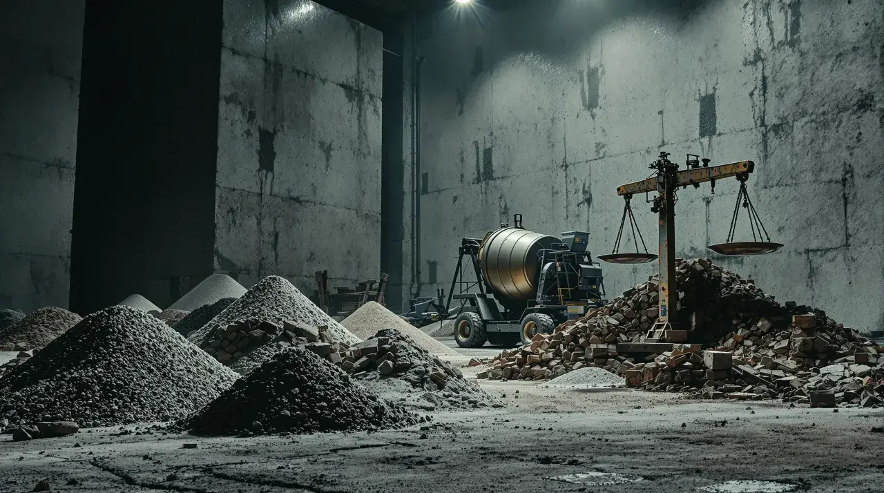 Betoniarka, waga szalkowa i hałdy materiałów budowlanych w industrialnym wnętrzu.