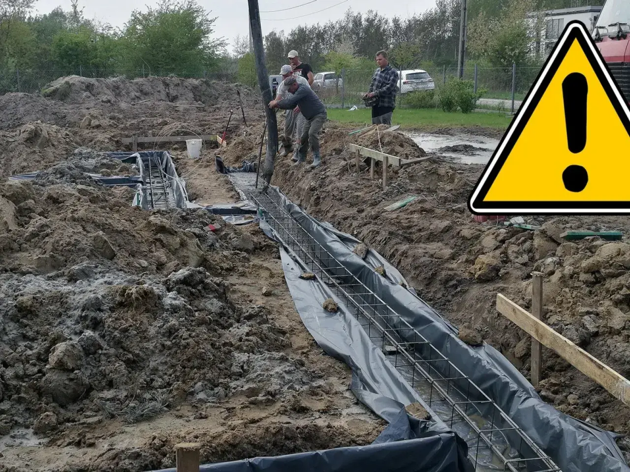Budowa trwa, pracownicy wylewają beton na zbrojenie, tworząc ławy fundamentowe.