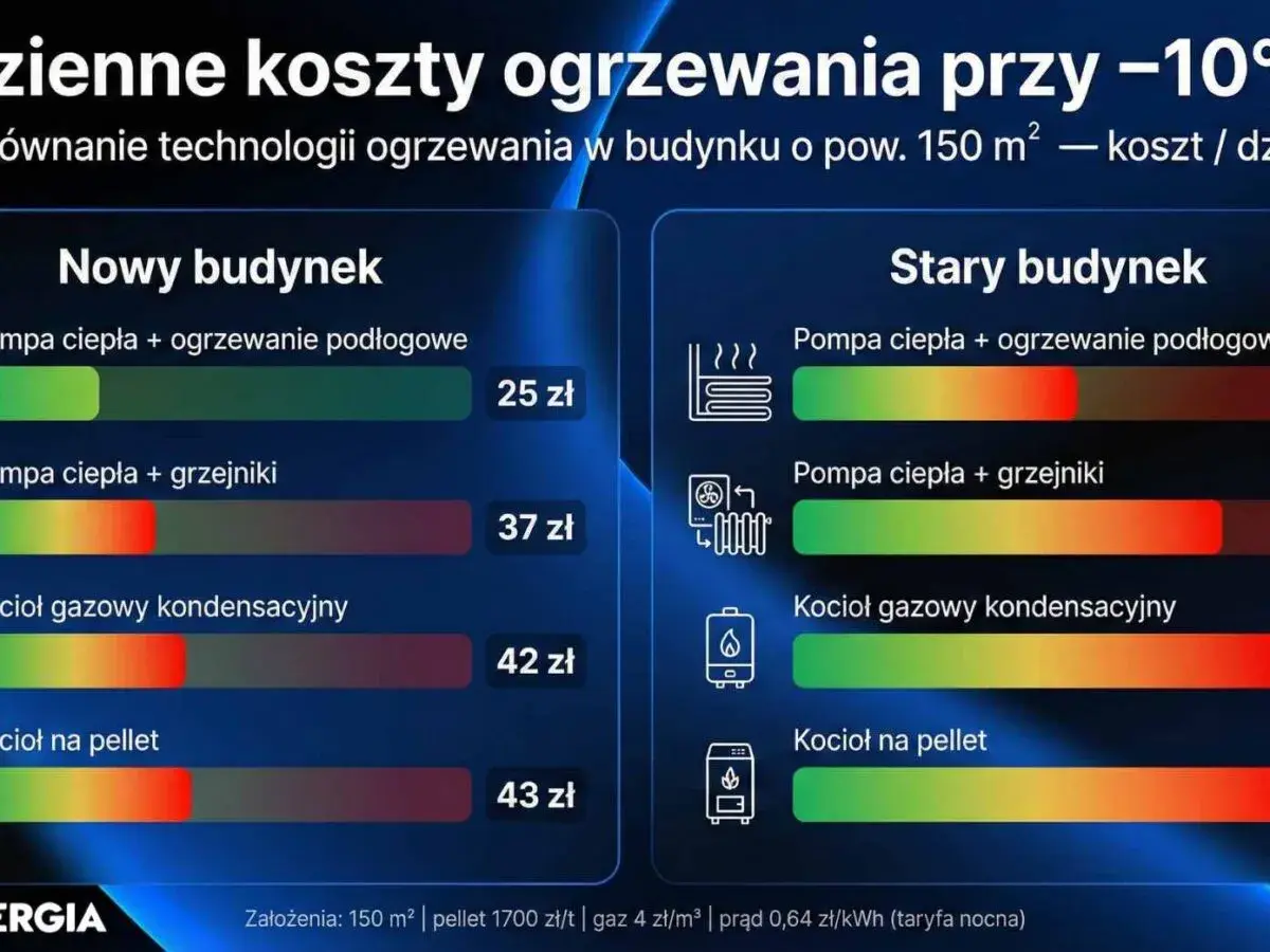 Porównanie kosztów ogrzewania: ogrzewanie podłogowe w nowym budynku jest najtańsze (25 zł). W starym budynku również pompa ciepła z ogrzewaniem płaszczyznowym wypada najlepiej.