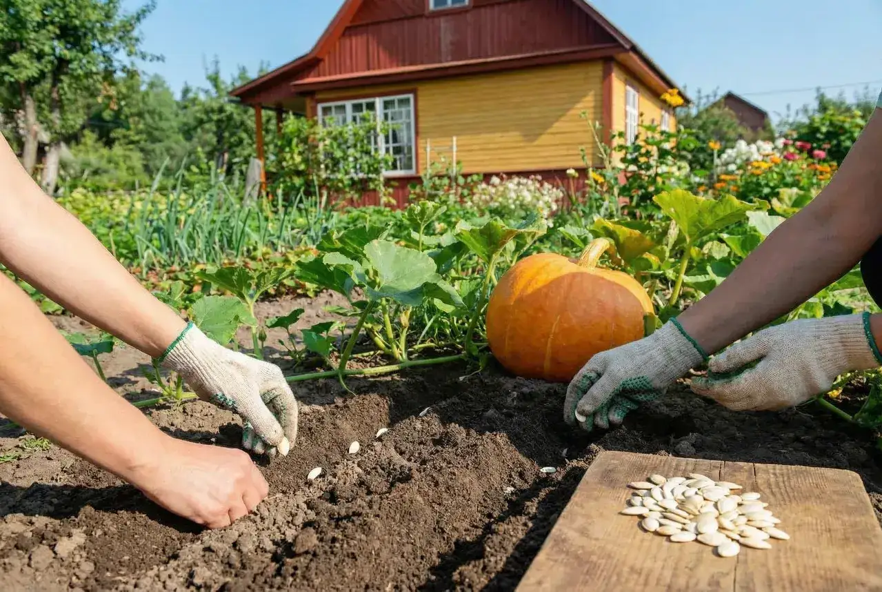 Ręce w rękawiczkach sieją nasiona dyni do ziemi. Obok leży duża, pomarańczowa dynia. Idealny czas, kiedy siać dynie, by cieszyć się plonami jesienią.