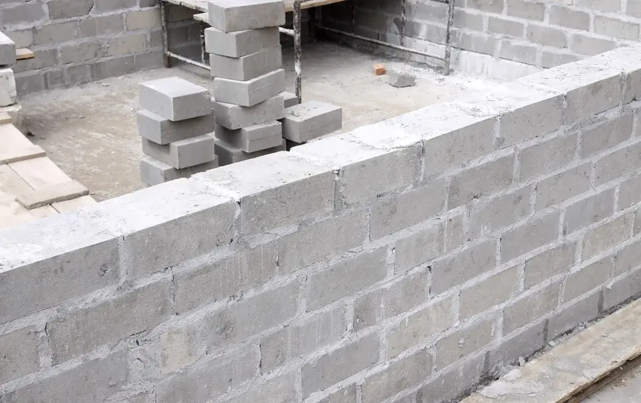 Ściana z bloczków fundamentowych w trakcie budowy. Widoczne stosy bloczków, gotowe do użycia, z uwzględnieniem ich wymiarów.