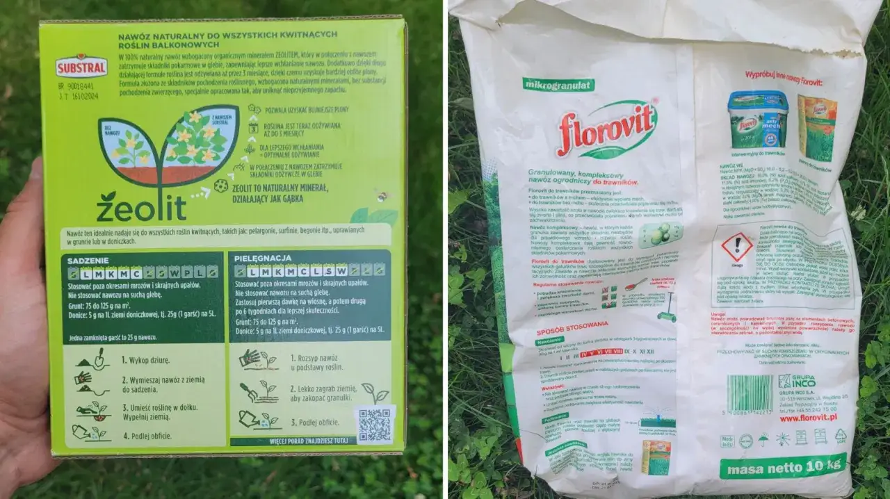 Opakowania nawozów wieloskładnikowych Florovit do roślin kwitnących i trawników.