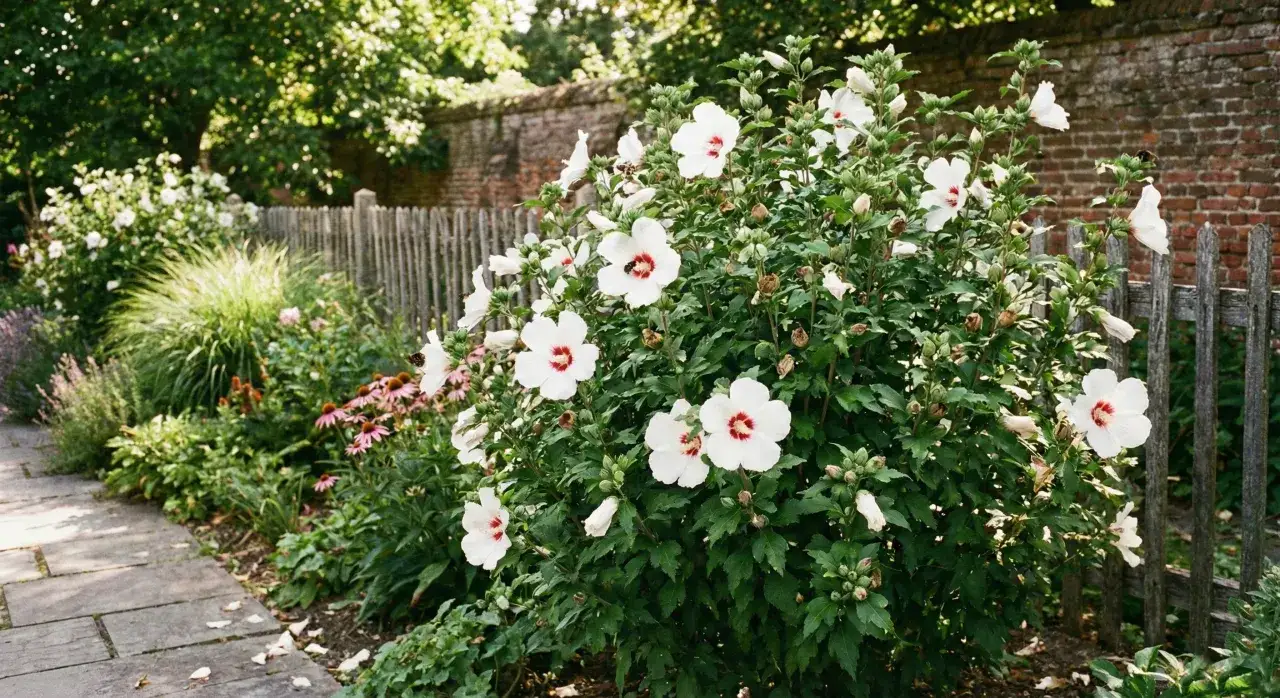 Krzew hibiskusa odmiany z białymi kwiatami i czerwonymi środkami, kwitnący obok drewnianego płotka.