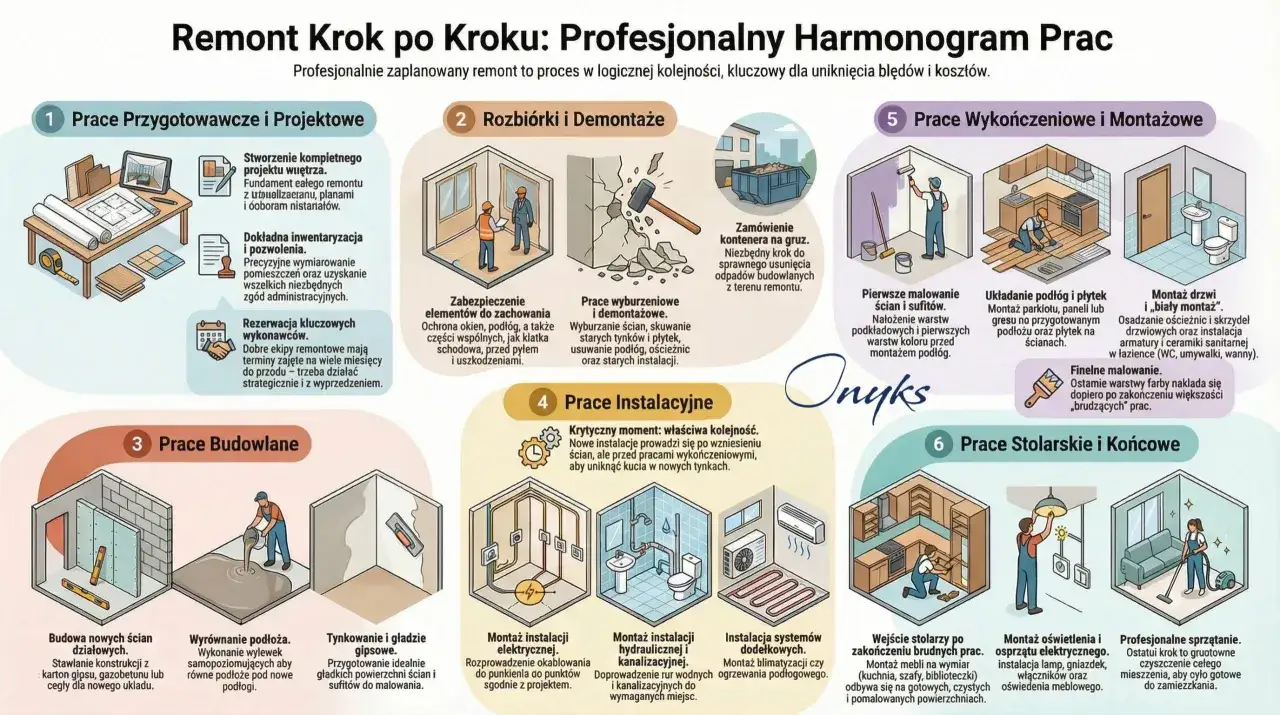 Profesjonalny remont domu krok po kroku: od projektu, przez rozbiórki, budowę, instalacje, po wykończenia i sprzątanie.