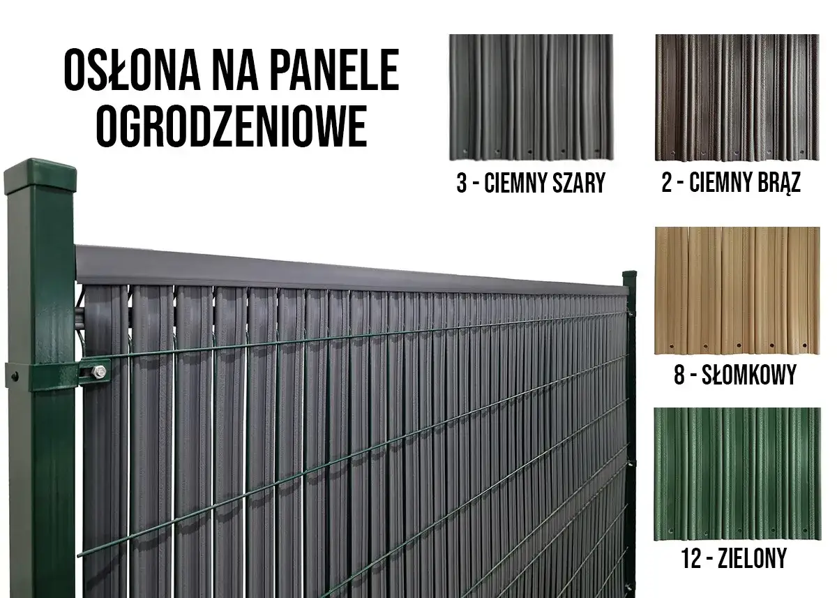Zasłoń ogrodzenie panelowe taśmami w kolorach: ciemny szary, ciemny brąz, słomkowy lub zielony. Dostępne różne opcje czym zasłonić ogrodzenie panelowe.