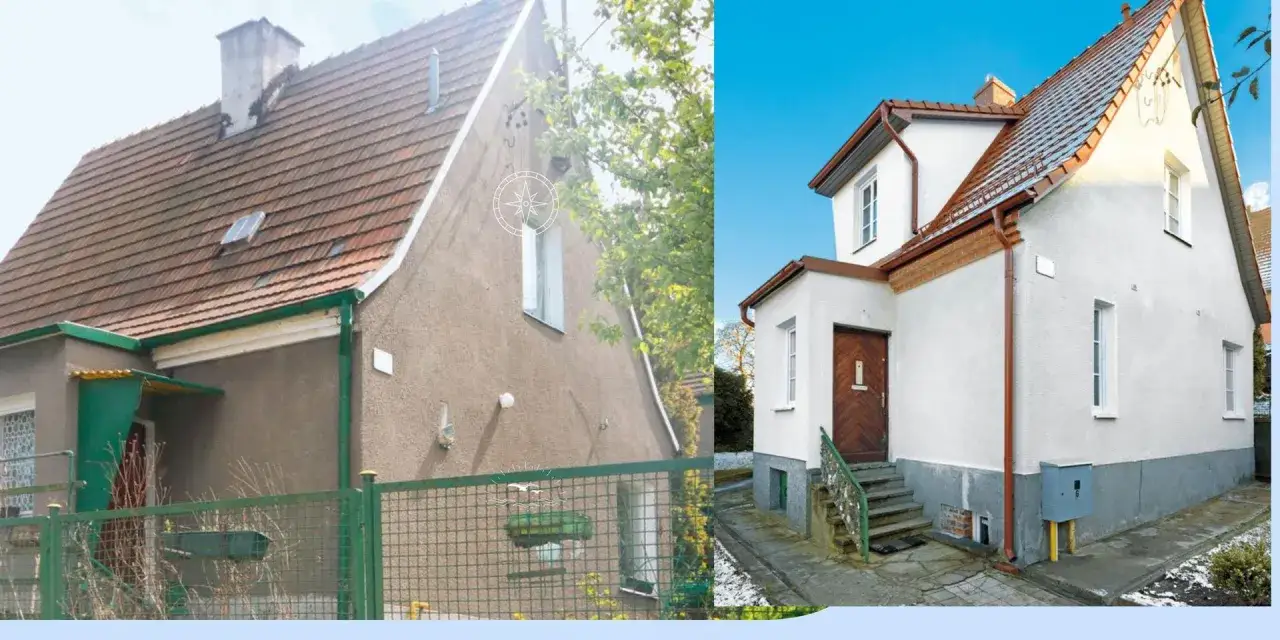 Przed i po remoncie starego domu. Z szarego, zaniedbanego budynku stał się jasny i przytulny.