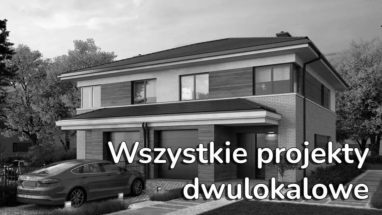 Nowoczesny dom jednorodzinny dwulokalowy z dwoma garażami i samochodem przed wejściem.