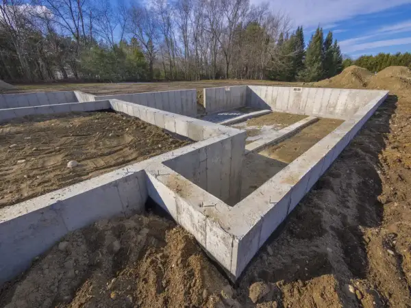 Betonowy fundament domu w budowie, otoczony ziemią i drzewami. Solidna podstawa dla przyszłego domu.