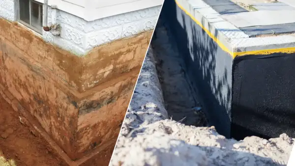 Przed i po: ściana fundamentowa przed nałożeniem szlamu hydroizolacyjnego i po jego aplikacji, chroniąca przed wilgocią.