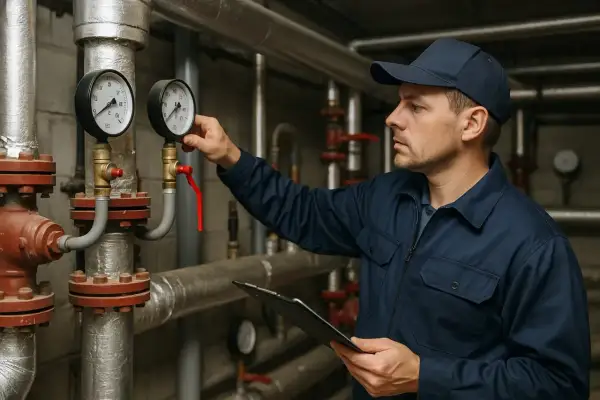 Technik sprawdza manometry w kotłowni. Dba o prawidłowe działanie ogrzewania w okresie grzewczym.