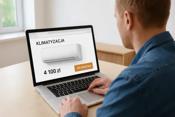 Sprawdzam, ile kosztuje klimatyzacja. Na ekranie laptopa widzę cenę 4100 zł i przycisk "Do koszyka".