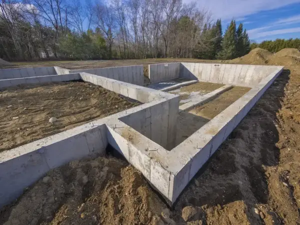 Fundament betonowy domu, gotowy na zimę. Strefa przemarzania gruntu została uwzględniona przy jego budowie.