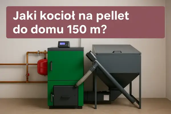 Jaki piec na pellet do domu 150m2? Zielony kocioł z zasobnikiem i panelem sterowania, obok szary zbiornik na pellet.